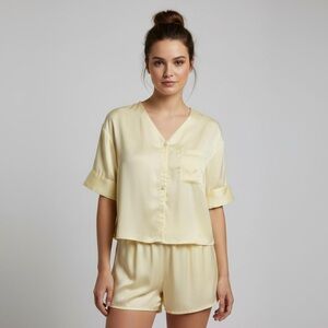 Ettitude 100% Bamboo Sateen Sleep Short Sleeve Button Up Top Vanilla Yellow XS